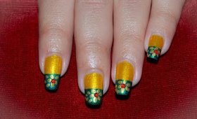 Green and Gold Nail Art ~ Golden Flower Nail on Yellow Green Background