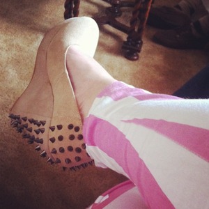 Nude studded wedges from urban outfitters and pink candy striped pants from motel rocks :)