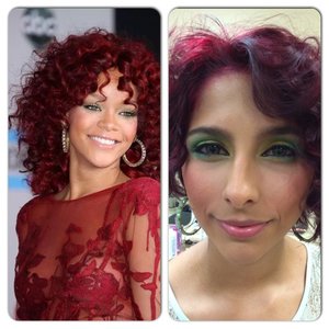 this makeup was for a contest at beauty school.it was hard to see what shadow Rihanna wore we said yellow with green so it worked out.