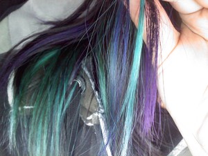 I had to bleach my hair first so I could get the right colors. I used the stuff from Hot Topic, Turquoise and Grape the darker blue color I don't know how that happened haha