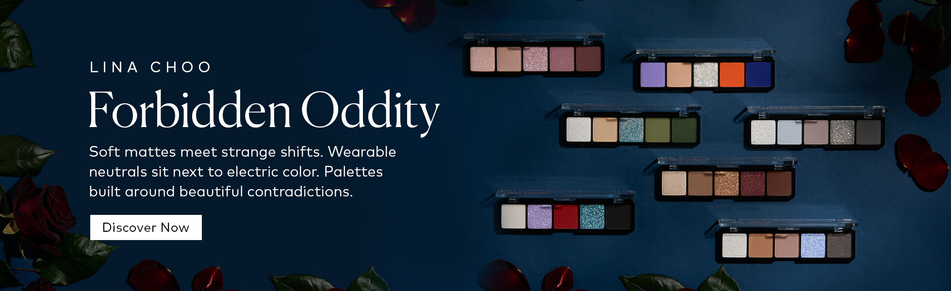 Seven 5-pan LINA CHOO palettes built around beautiful contradictions. Soft mattes meet strange shifts. Wearable neutrals sit next to electric color. Find your plot twist here at Beautylish.com