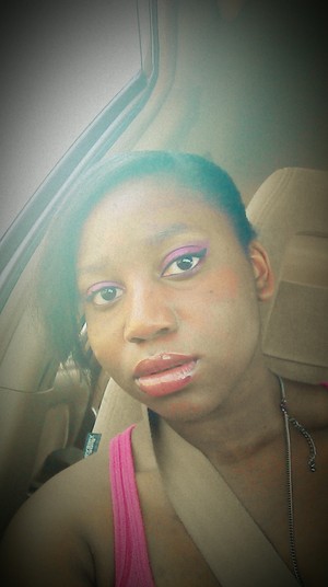 purple eyeshadow from Bella Terra , Hot Pink eyeshadow from Hot Topic , NYC black liquid liner , auto retractable black liner from the beauty supply , falsies mascera , '& purple lipgloss from Black Radiance