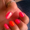 Hot Pink Glittery Mani with Neon Orange Accent Nail