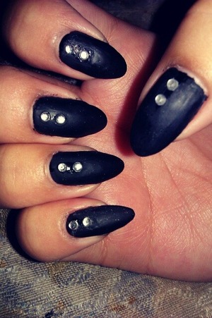 black nails with matte topcoat and rhinestones!! :)