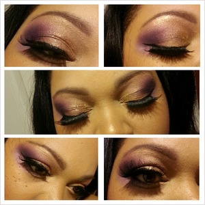 Semi dramatic  purple n gold smokey eye with glitter and big lashes