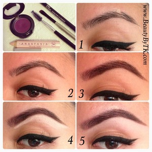 First, apply line at bottom of brows to define shape. Second, apply fig 1 Mac eyeshadow (or any brow powder) from bottom blending up. Third, blend with spool brush. Last, add highlight and blend from bottom of brow line downward! Follow me on Instagram beautybytk !