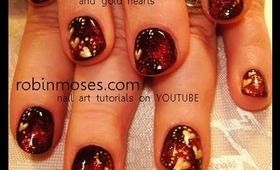 black with ruby blood red pigment and gold heart accents: robin moses nail art tutorial