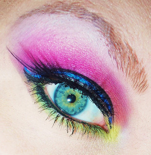 I actually came up with this crazy and fun look by listening to music. I wanted to start a new series on my blog where I come up with makeup looks based a particular song. The look would not be based on the band members or a the music video, but purely the visions and colors that pop into my mind for each song.  : )    This look was inspired by Breathe Carolina, Blackout