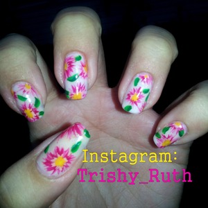 Wildflower nail design. Pink, yellow, green. Flowers.
