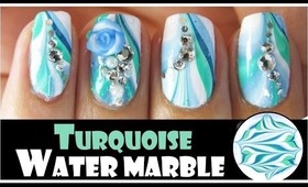 TURQUOISE WATER MARBLE NAIL ART DESIGN FOR SPRING | GREEN BLUE TUTORIAL BEGINNERS EASY FIMO FLOWER