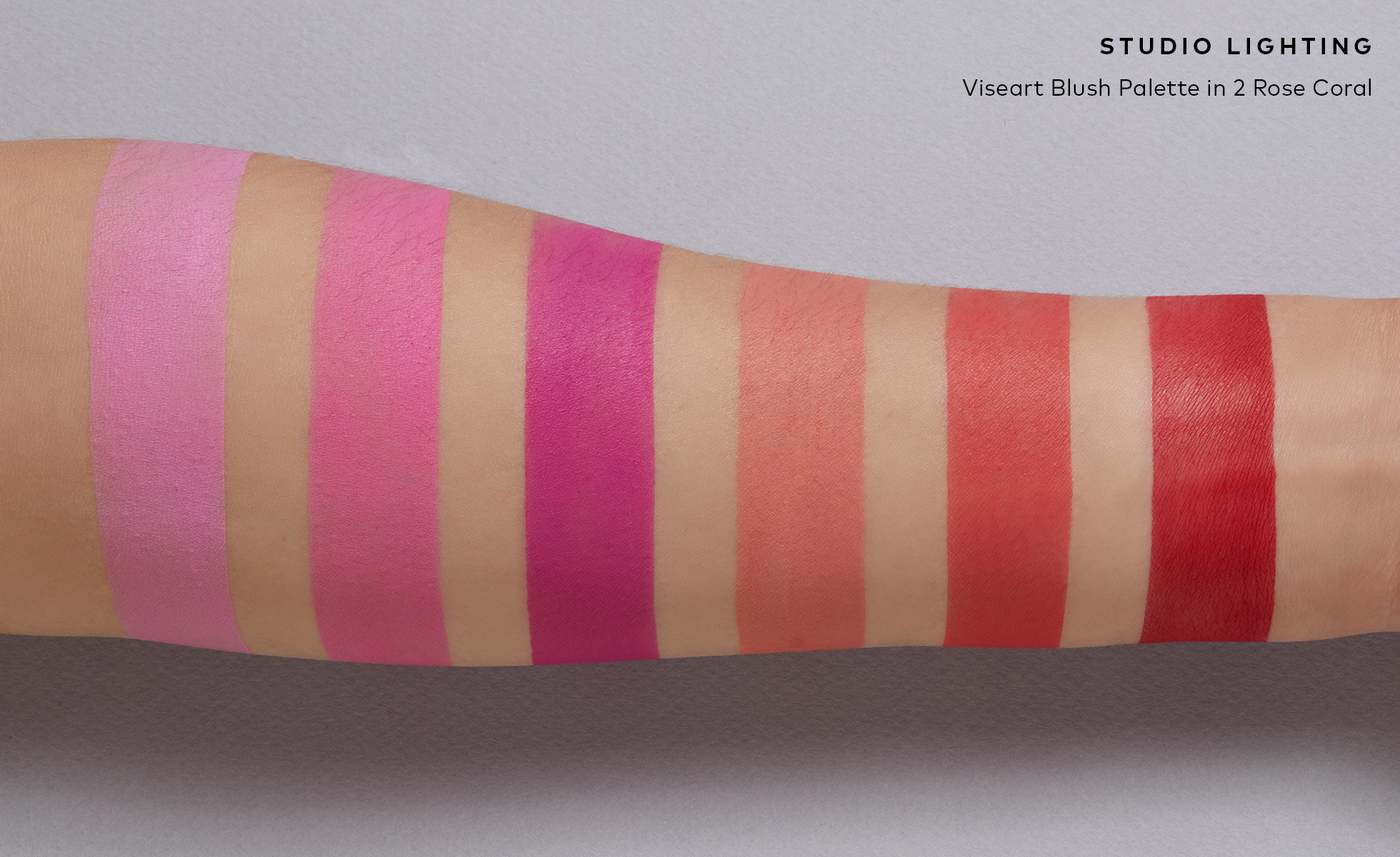 Viseart Blush Palette 2 Rose Coral Arm Swatches in studio lighting