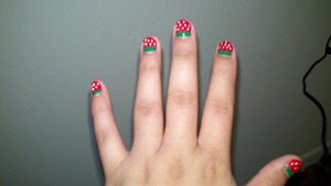 Strawberry nails!! Three nail polishes, a steady hand, and cuteness can happen. :)