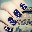 Dark Blue Nails with White Hearts
