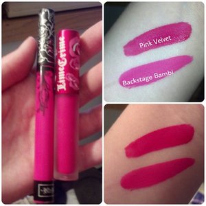 Since, I'm no longer supporting Lime Crime anymore, I'm looking elsewhere for liquid matte lipsticks! I believe I have found a really good formula from Kat Von D. Do I like it more than LC? Yes! Yes, I do! Why? KVD's liquid lipstick formula is fast drying matte(dries even faster than the velvetines) that lasts just the same amount of time as LC Velvetines. You can even wear some lip balm underneath, and it'll work just as great, unlike the velvetines. Plus, KVD is $1 cheaper than LC. Both of the colors are very similar, but Pink Velvet is a tad darker as shown. 
I'll be buying more KVD when I can! ;)  