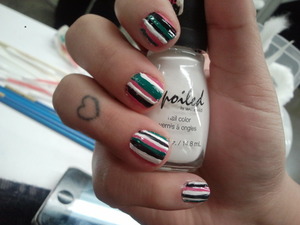 Fun stripes I did sometime in the Summer. Pink, green, black and white. Done with acrylic paint over nail polish.