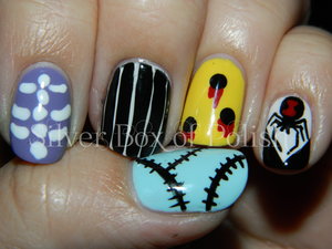Nail art inspired by the film The Nightmare Before Christmas.