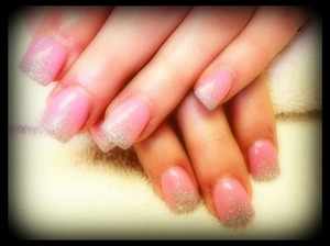baby pink, and silver glitter gelish on gel overlays