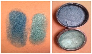  really liked how these two came out. The blue is very matte, unlike in the photo which I love. It blends very nicely and is extremely vibrant. I used an old Wet n Wild shadow for that and a broken black shadow from Neutrogena. I had left over and used it to make the lighter turquoise with various Shany Cosmetic loos powders

I Used:
95% Rubbing Alcohol
Broken and old drugstore quads and shadows
Loose Shany Cosmetics Pigments