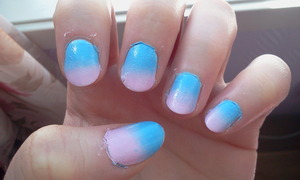 Using NYX Girls Nail polish in "White" as a base colour + white, blue and pink acrylic paint and OPI top coat.