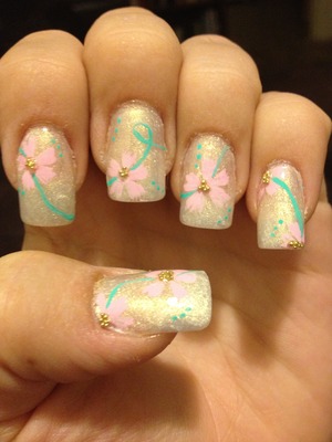 Pink flowers with gold microbeads
