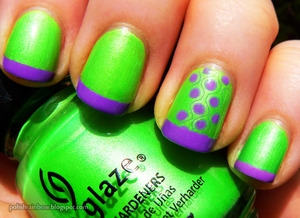 Neon green with purple tips (Chi Chi Capital H.I.M) and purple Bundle Monster stamp.

Here is the blog post:

http://polishrainbow.blogspot.com/2012/09/china-glaze-im-with-lifeguard-neon.html