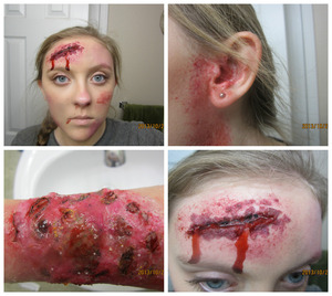 Katniss while in the Hunger Games. The cut on her forehead from Cloves knife, when her ear blew before Rue died, and the burn from the fire balls (it is on my arm though not my leg). I am really proud of it because I did all the makeup with my left hand!