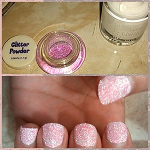 White nail polish & pink glitter on top (: