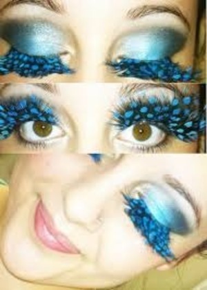 false eyelashes: blue , feather , with black cheetah printed into the blue
eye makeup: dark to light ( white into a blue white mix to a blue black mix to finnaly make it into a black at the very end making a eye ambrea )