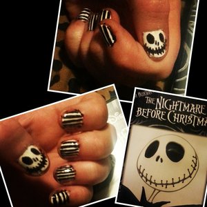 Nails I did on myself inspired by Jack Skellington from The Nightmare Before Christmas. Used Sally Hansen nail art pen in black, and basic white nail polish and top coat. 