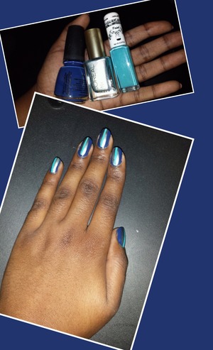3 shades of blue nail design. China Glaze nail polish in Up All Night(navy) as base color, with Loreal Colour Riche polish in Just Jet Setting(teal metallic)stripe down the middle and then a turquoise stripe down the middle.