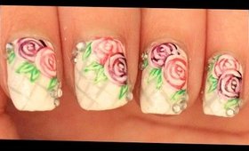 Pink & Purple Roses on White nail art