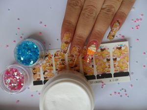 the sweets nail decals,12 colours nail glitter, colourful baby pearls and white color acrylic powder everything is from bornprettystore.com my 10% off code BHAMAW21 you can use it to buy anything from the website and free shipping worldwide check out for more cool stuff :))