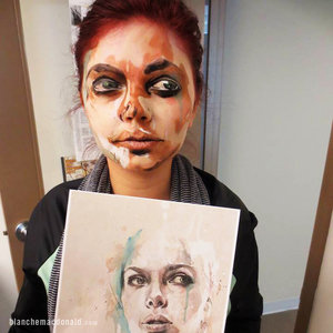 
It was Cartoon Day in TV & Film class, and Blanche Macdonald Global Makeup student Tanya Tesselaar opted for a slightly different approach with this painterly creative inspired by a watercolour-ed Scarlett Johansson! 

"This was a rendition of a Mario Alba watercolour-esque painting of Scarlett Johansson. I used the Make Up For Ever Flash Palette and diluted the colours with 99% alcohol to get the watercolour effect!"