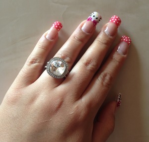 White pink polka dots hello kitty ring nails 