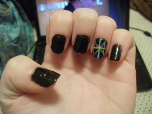 This is my left hand, the right has a different design. I was just playing around and I came up with this design :) I love tape nail stickers, they're so fun! 

colors: 
black: Sally Hansen, Black Out
pink: Orly, Oh Cabana Boy 
green: Orly, Green Apple
blue: China Glaze, For Audrey