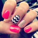 Magenta Nails with Chevron Print and Silver Glitter