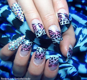 4 color ombre with hand painted zebra and leopard with full swarovski crystal stiletto pinkies