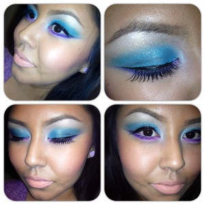 Used a turquoise base and added turquoise/blue eyeshadows, lined lower lash line with purples.