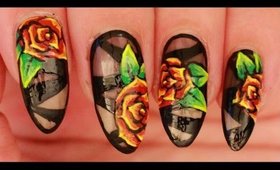 Roses on Sheer Black nail art