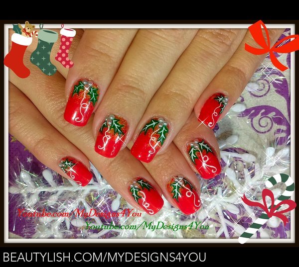 Traditional Christmas Nail Art Design | Red Holly Christmas Nails |  Liudmila Z.'s (MyDesigns4You) Photo | Beautylish