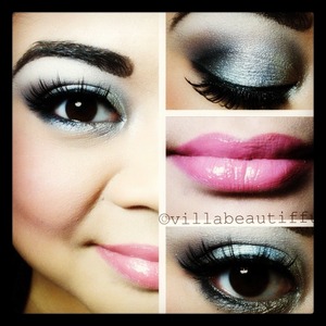 silver and black glam eye with pretty pink lips 