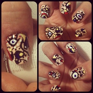 Nail Art inspired by the style and surreal paintings of Joan Miró. Free hand design. 