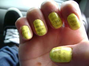 Sally Hansen- Mellow Yellow
newspaper nails :) 