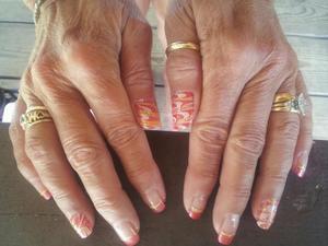 Coral, White, and Gold french manicure with marble design special for my mom. 