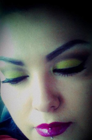 Lime, brown and black eyes, with a raspberry fuchsia lip