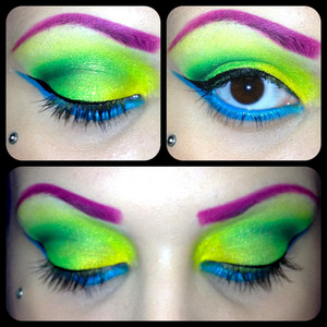 Primer- Urban Decay Primer Potion
Lid base- NYX Milk
Shadows- 120 Palette Second Edition by BH Cosmetics
Waterline/Undereye- Milk with bright blue  shadow packed on top from 120 palette
Eye Brows- Ben Nye's Passion Purple
Liner- Bombshell Cosmetics liquid liner pen in Onyx
Mascara- ELF Mineral Infused Mascara