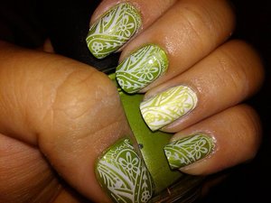 Nail Stamping w/China Glaze's "Tree Hugger" & Sally Hansen "White It"