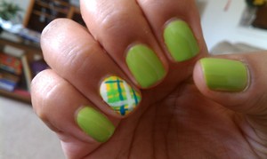 Sally Hansen Limestone with bright plaid accent nail. Yeah, I fail at stripers, but this was my first time, and it's not repulsive, so I'm ok with it :) 