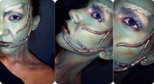I had a few latex leaves & 'twigs', so I thought why not? Fun idea for Halloween coming up. I only did half of my face.