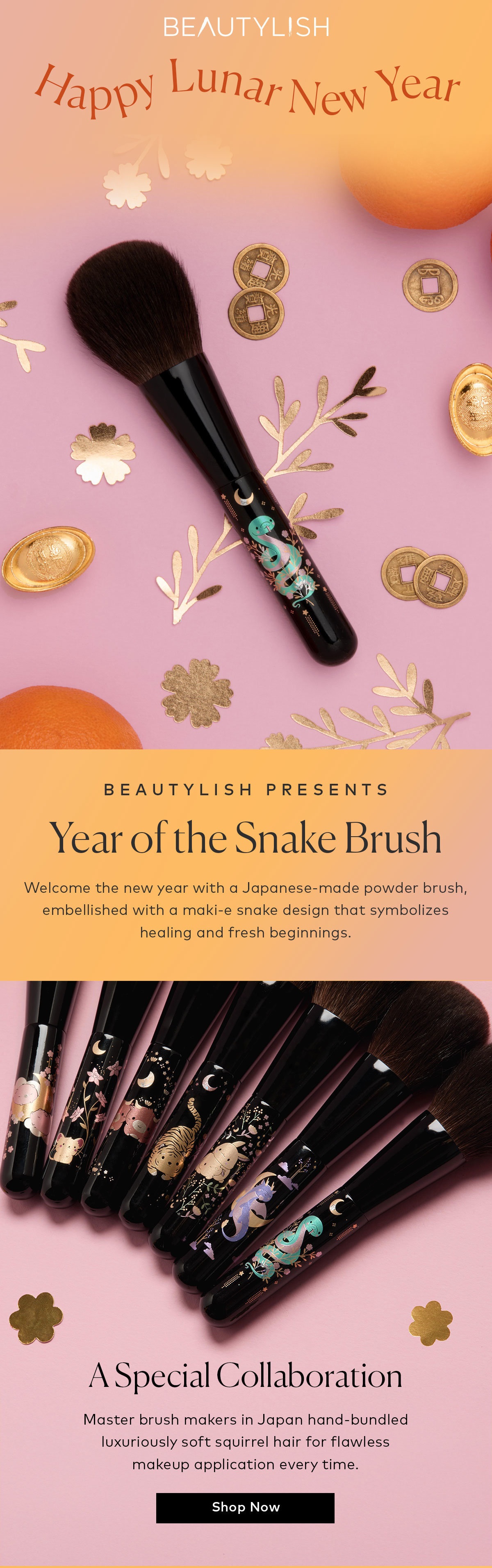 Embrace the spirit of the new year with a Japanese-made powder brush, embellished with a maki-e snake design that symbolizes healing and fresh beginnings. Shop the Lunar New Year, Year of the Snake Brush at Beautylish.com